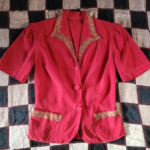 1940s red and gold puff sleeve blouse with pockets Small
