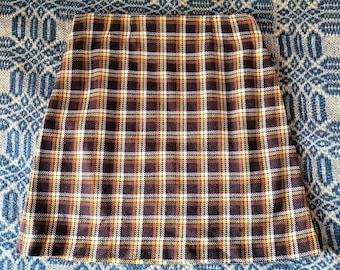 1960s Brown and Yellow Plaid A Line Skirt M L