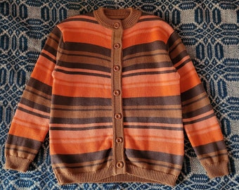 1970s Orange Brown Striped Cardigan M