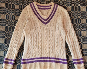 1950s Handknit Purple and Ecru Tennis Sweater XS S