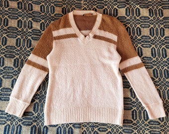 1970s Shaggy Brown and Cream V Neck Sweater M