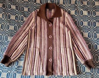 1970s Brown Striped Collared Cardigan L