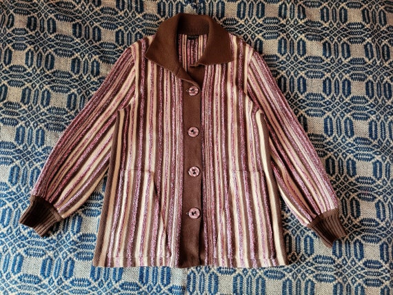 1970s Brown Striped Collared Cardigan L - image 1