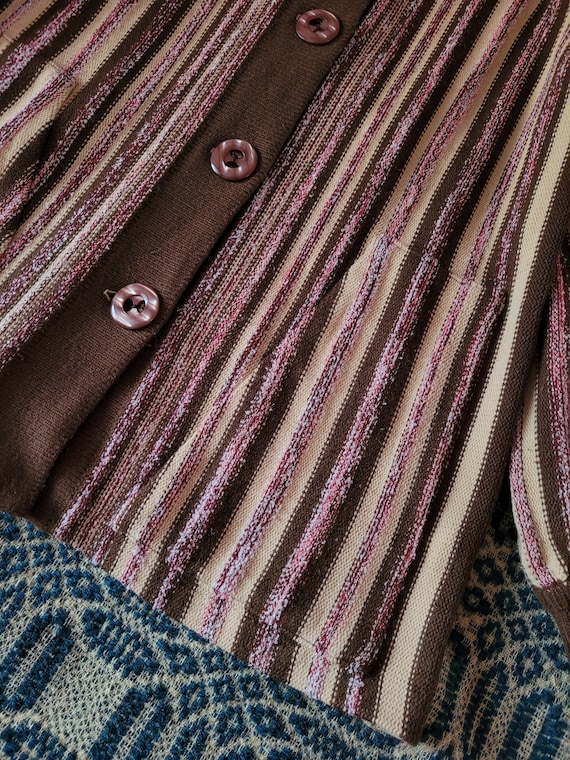 1970s Brown Striped Collared Cardigan L - image 2