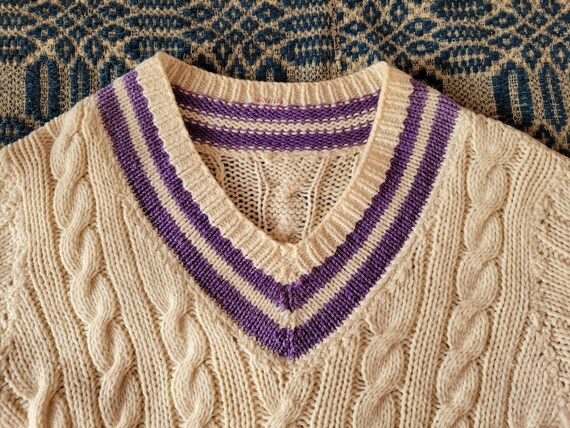 1950s Handknit Purple and Ecru Tennis Sweater XS S - image 3