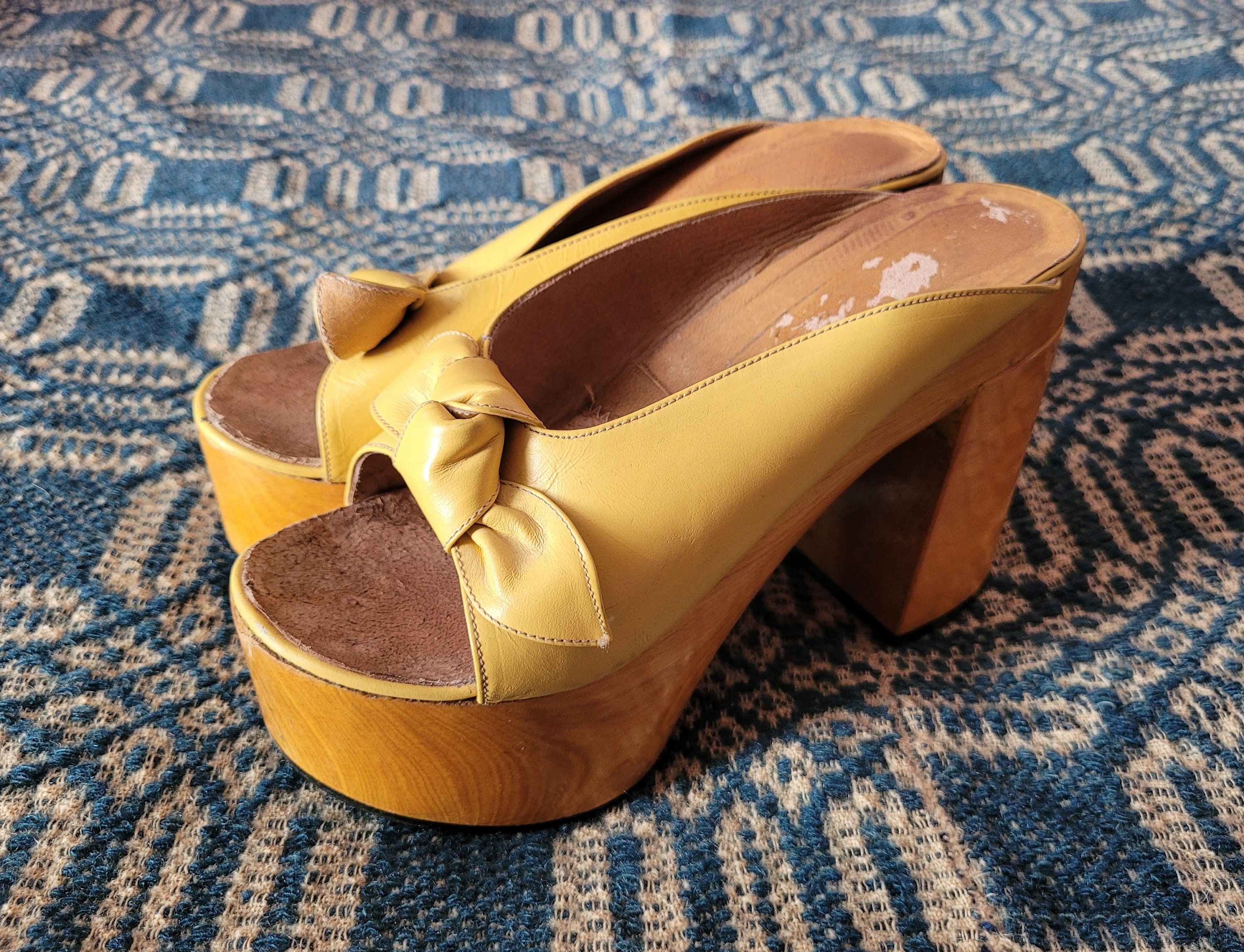 Sandal Mules Yellow Mustard Yellow Open Toe Furry Wedge Heel