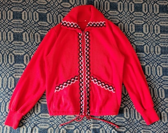 1970s Embroidered Red Zip Cardigan M/L