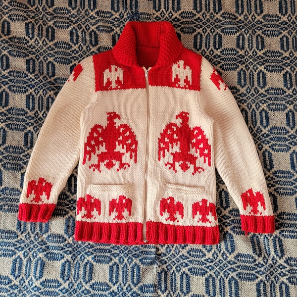 1950s Cowichan Pullover in Rot und weiss mit Adlermuster in XS S