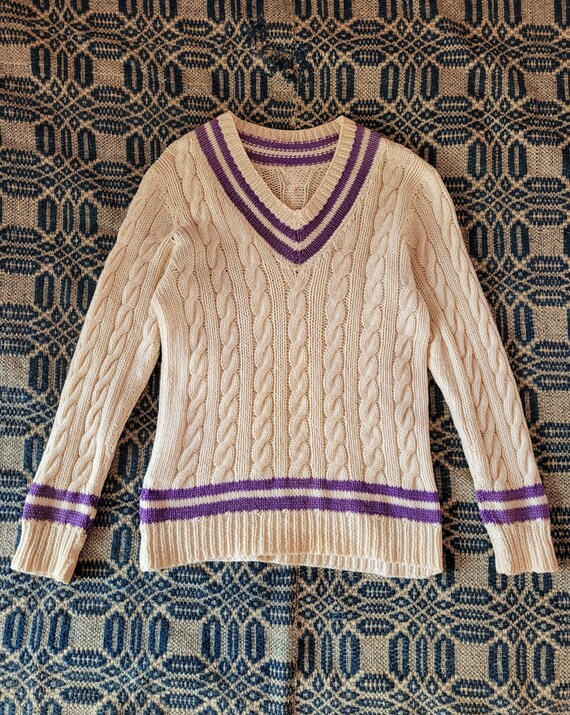 1950s Handknit Purple and Ecru Tennis Sweater XS S - image 1