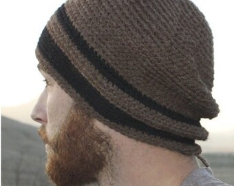 Men's Hat - Alpaca Wool Cap Crochet Slouch for Hiking Biking Skiing Skating Brown with Black Stripes (Ready to Ship)