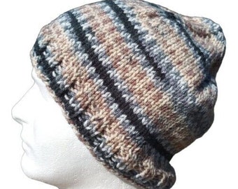 Men's Hipster Beanie Handmade Hat Knit Naturals Camo Smokey Waters Black Beige Fishing Boating Hiking Walking XL