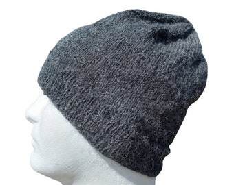 Men's Alpaca Wool Beanie Dark Gray Light Thin Hand Knit Winter Hiking Skiing Snowboarding Gent's Hat (One Size - Made to Order)