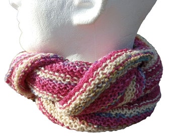 Women's Alpaca Wool Scarf Handmade Knit Pink Candy Swirl Yellow Striped