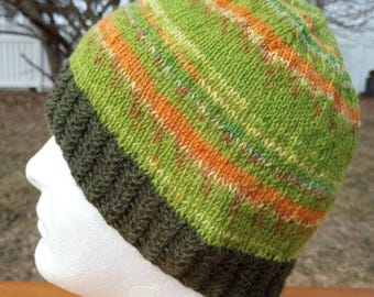 Handmade Knit Alpaca Wool Beanie: Light Thin Striped Hat (One Size)
