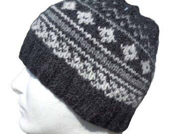 Alpaca Wool Men Beanie - Hand Knitted Fair Isle Beanie Gray Charcoal Black Ice Blue Winter Nordic Viking Hat Cap  (One Size - Ready to Ship)