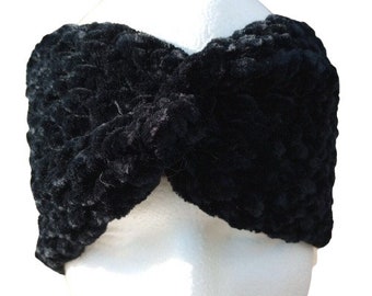 Women's Handmade Headband Circlet Bandeau Crochet Twisted Black Chenille Velvet