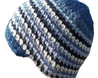 Alpaca Men's Crochet Hat with Brim - Royal Navy Denim Ice Blue White Striped Wool Winter Cap Beanie Skiing (One Size - Ready to Ship)