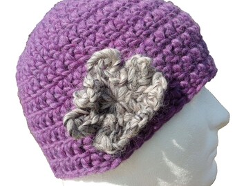 Cloche Hat with Flower - Women's Lilac Purple Cloche Hat Hand Chrochet Chunky Pure New Wool Hiking Biking Skiing (One Size - Ready to Ship)