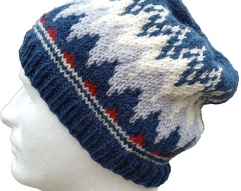 Mens Handmade Fair Isle Beanie Wool Hat Hand Knit Nordic Blue Gray Viking L/XL