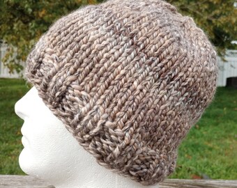 Hand Knit Chunky Wool Blend Beanie: Fired Bronze Brown Blue Green