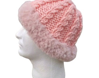 Russian Faux Fur Rib Beanie Hat Hand Knit Women's Unisex ML Pink Orange Purple Chique Vegan