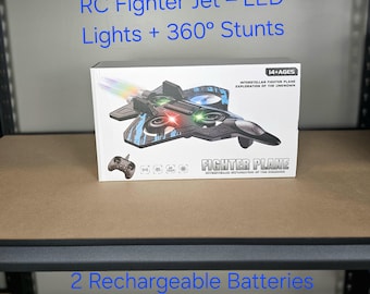 Avión de combate RC de juguete • Avión de control remoto para niños y adultos • Avión RC planeador de espuma con luces LED 2 baterías • Regalo navideño para él/ella