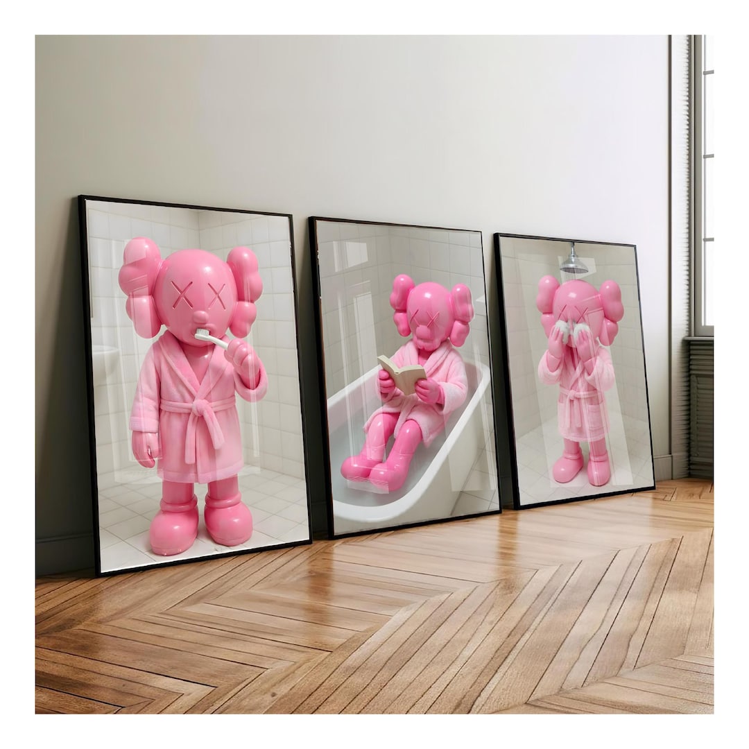 Set of 3 Pink Kaws in Shower & Bathroom, DIGITAL DOWNLOAD, Kaws Poster ...