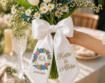 Geborduurd aangepast prom boeket lint, naam afstuderen lint boeket sjerp, gepersonaliseerd monogram lint, decor bruids douche, huwelijkscadeau