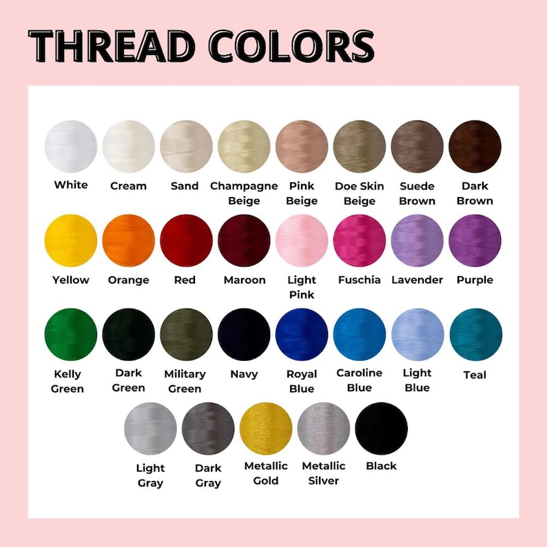 May include: A colour chart displaying thread colours with the text "THREAD COLORS" at the top. The chart includes a variety of colours such as white, cream, yellow, orange, red, maroon, pink, purple, green, blue, and metallic gold and silver.