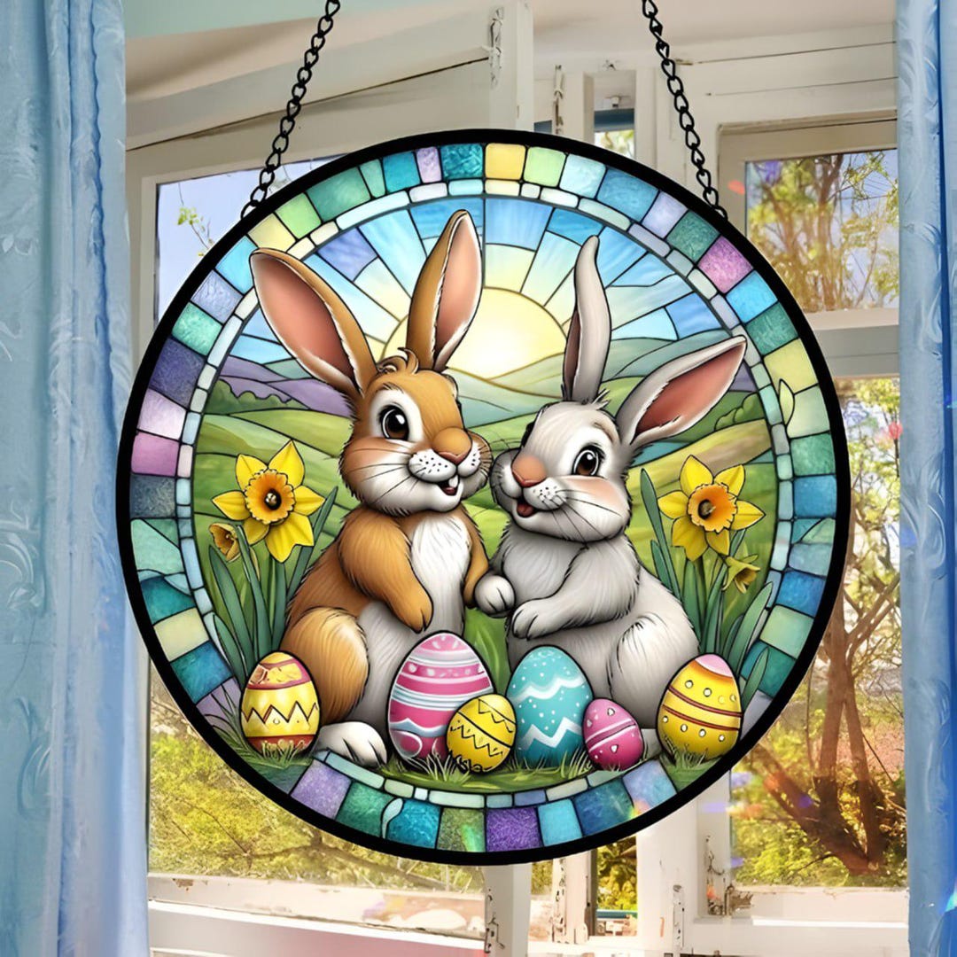 Easter Bunny Stained Glass Suncatcher, Cute Rabbit Window Hanging Decor ...