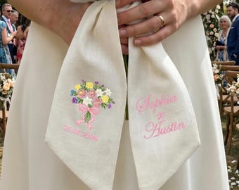 Embroidered Wedding Rings and Dove Sash, Aesthetic White Linen Wedding Style, Wedding Sash, Bridal Keepsake Style, Personalized Wedding Gift
