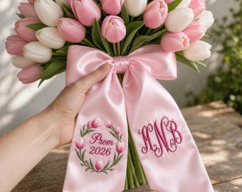 Custom Flower and Text Bouquet Embroidered Sash, Personalized Prom 2026 Ribbon, Choose Flower Type Color Text, Satin Bow Gift