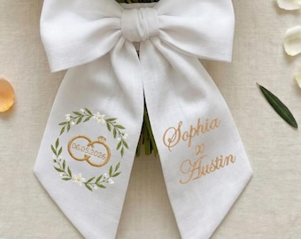 Embroidered Wedding Rings and Dove Sash, Aesthetic White Linen Wedding Style, Bridal Keepsake Style, Personalized Wedding Gift, Wedding Sash
