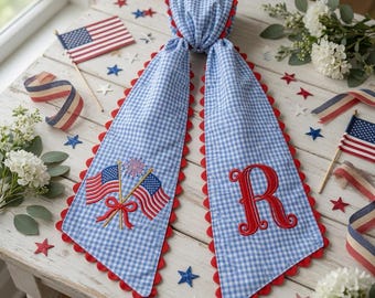 Custom Monogram Patriotic Wreath Sash, Embroidered USA Flag Bow, 4th of July decor, Housewarming Gift, Summer Toile Front Door Bow