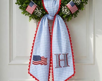 Embroidered Personalized USA Flag Wreath Sash, Summer Toile Front Door Bow, Custom Monogram Seersucker Door Decor, 4th of July Decor