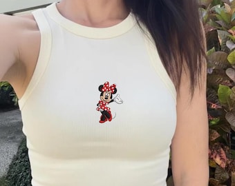 Embroidered Mickey Minnie Crop Tank, Simple Mouse Brown Baby Tee, Disneyworld Y2K, WDW Trip