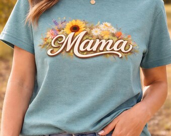 Mama floral script T-Shirt | sunflower bouquet design