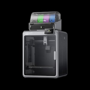 May include: A silver and black 3D printer with a clear top filament storage unit containing green, purple, and blue filament. The printer has a clear door and the brand name "CREALITY" is visible.
