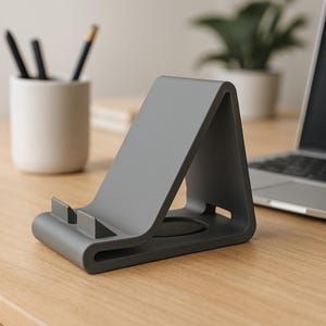 Puede incluir: Un soporte para teléfono gris con un diseño curvo. El soporte tiene una base con dos pequeños soportes y una parte trasera que se inclina hacia arriba. Una taza de cerámica blanca con bolígrafos y un portátil están en el fondo.
