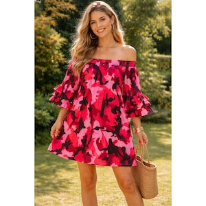 hot pink and camo dresses Fkelyi Camo Pink Forest Print Fall Maxi Dress for Women Long Sleeve V Neck Wedding Guest Dresses Flowy A-Line Elegant Dress with Pockets, L, Women's,