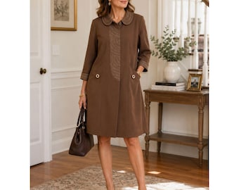 Vintage Braunes Swing-Mantel-Kleid | Kontrast Stitch | Größe 12