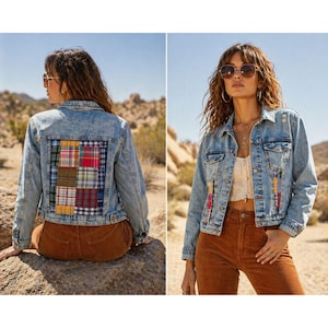 Puede incluir: Chaqueta vaquera azul claro con parches coloridos en la espalda y las mangas. El patchwork presenta cuadrados de tela a cuadros y lisa en tonos rojos, amarillos, azules y verdes. La chaqueta tiene cierre de botones y cuello clásico.
