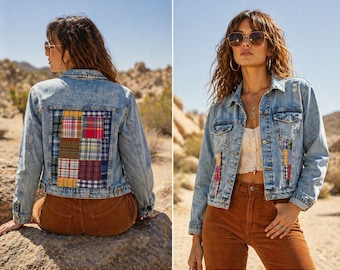 Überarbeitete Jeansjacke Patchwork Story Panel | Upcycling Einzelstück M/L