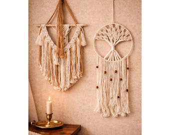 Conjunto de tapiz de macramé estilo bohemio: decoración de pared con flecos y árbol de la vida, todo hecho a mano.
