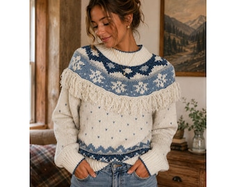 Vintage Jagd-Hunton Ridge Handgestrickter Nordischer Pullover | Ramie-Mischung | Grösse L