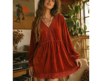 Samt Babydoll Kleid | Orangefarbene Spitzenborte Cottagecore Boho XL