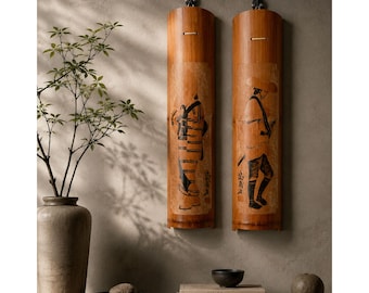 Vintage Japanese Bamboo Wall Art Panels | Hand Painted Geisha & Traveler Pair