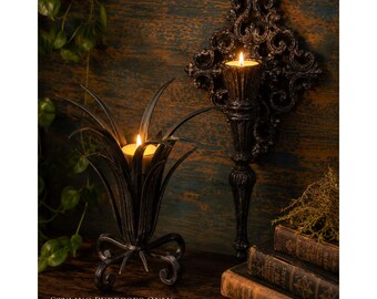 Gothic Garten Eisen Dekor-Set | Metall botanische Skulptur & Wandtaschenleuchter