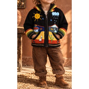 May include: A black knit zip-up hoodie featuring colorful embroidered designs of a yellow sun, a blue rain cloud, a mountain, and a white llama. The sleeves have rainbow-striped cuffs, and the garment is paired with brown corduroy trousers.