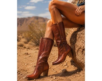Stivali da equitazione vintage in pelle color cognac Old Maine Trotters 6.5 M, alti fino al ginocchio, Made in USA
